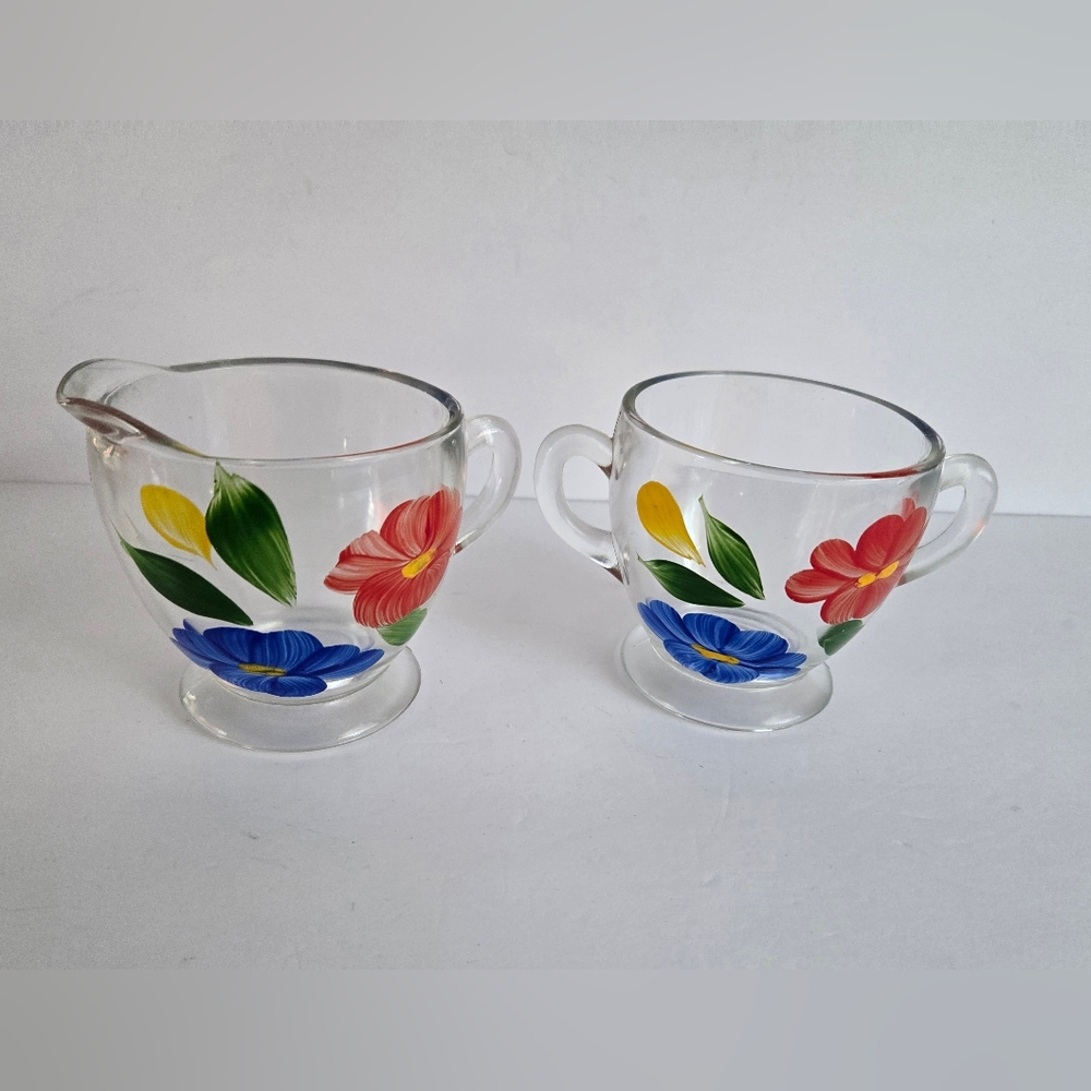 Glass Creamer And Sugar Set Vintage Bartlett Collins Hand Painted